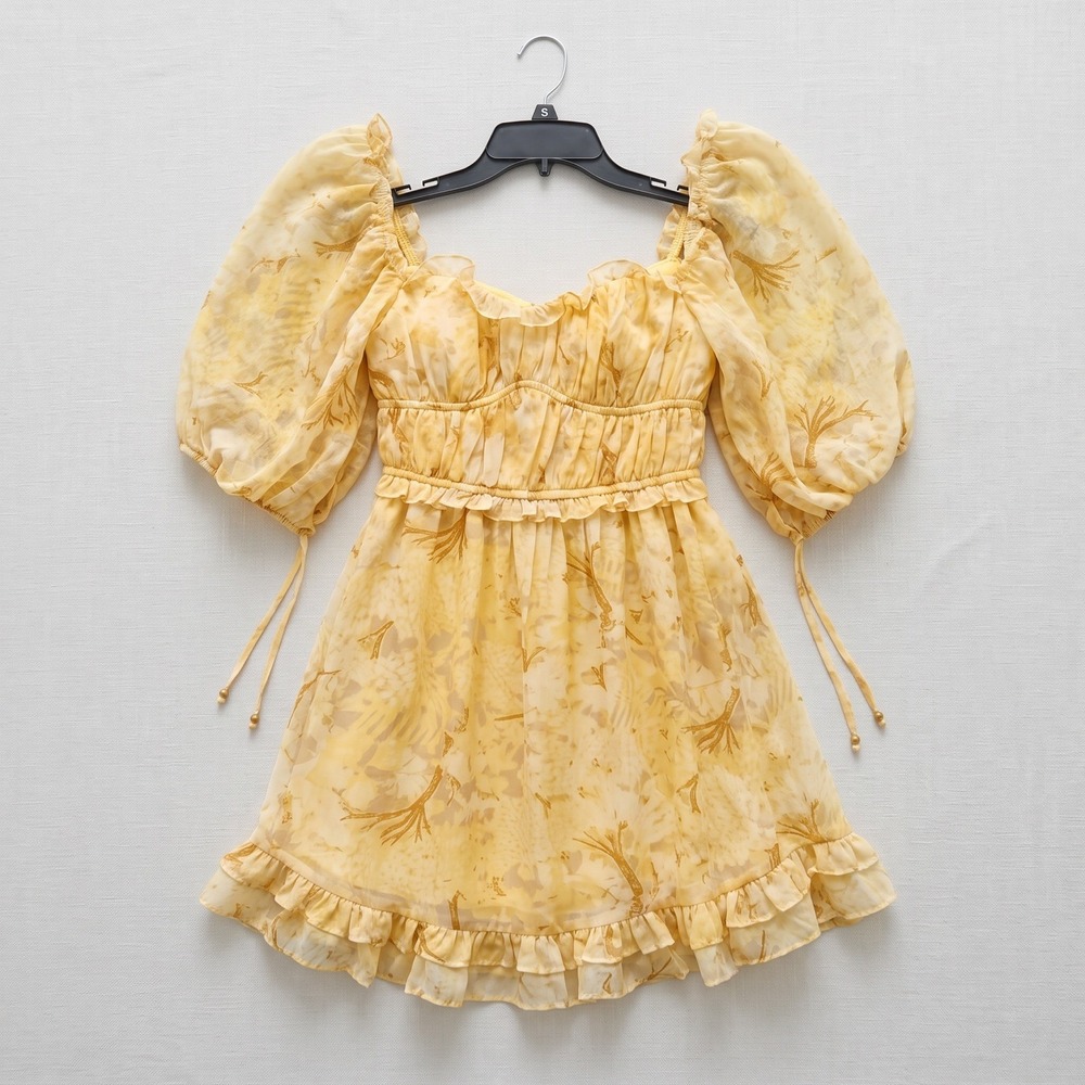 Angel Biba Yellow Floral Mini Dress Small Sweetheart Puff Sleeve Coquette